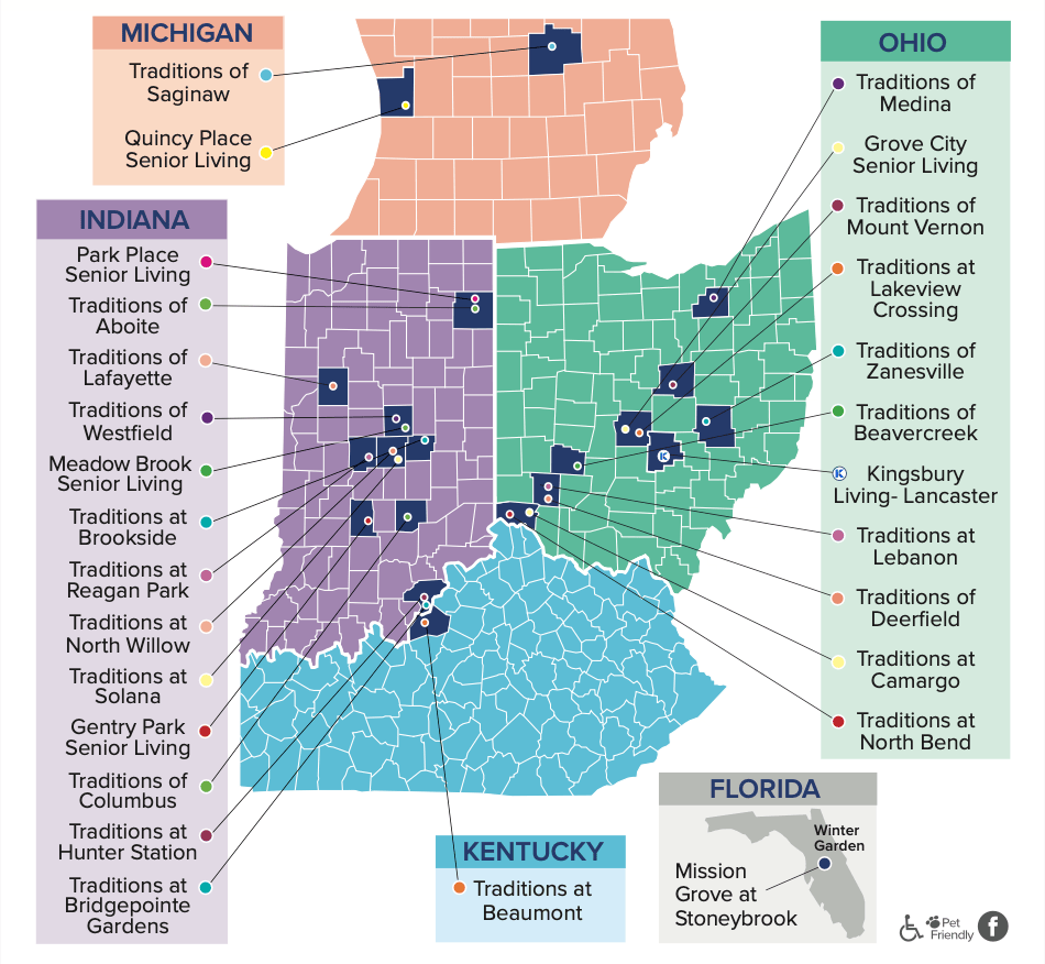 Map of all Traditions communities, with locations in Michigan, Ohio, Indiana, Kentucky, and Florida