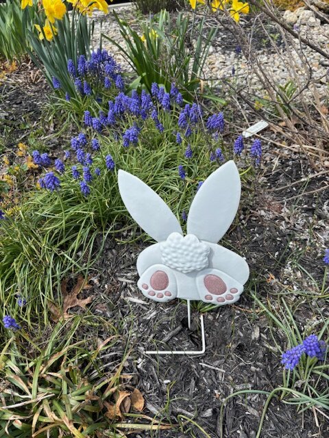 Bunny behind and tail garden sign in bed of lavender and tulips